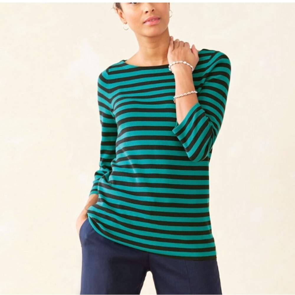 J. Jill Sweater Sz S  Turquoise & Black Striped Pullover 3/4 Sleeve Round Neck